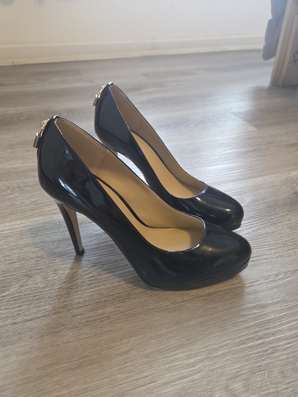 Michael Kors Black Patent Leather High Heel Pumps with Gold Accent